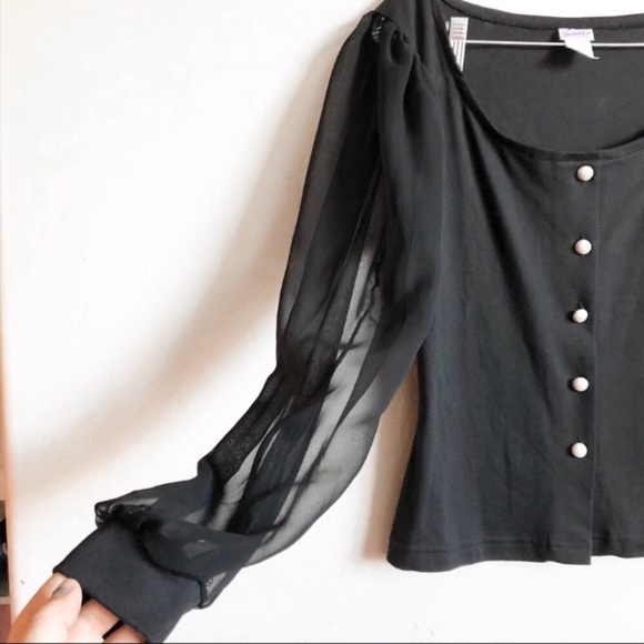 Vintage Tops - *VINTAGE* Sheer Sleeve Faux Pearl Button Down Top